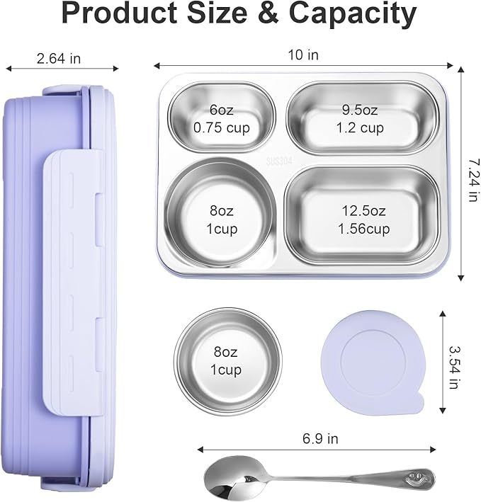 36-oz Lunch Box Containers Stainless Steel Bento Box for Adults with 4-Compartment Snack Tray, Soup Bowl with Lid & Metal Spoon, Dishwasher Safe, Easy to Carry, Purple