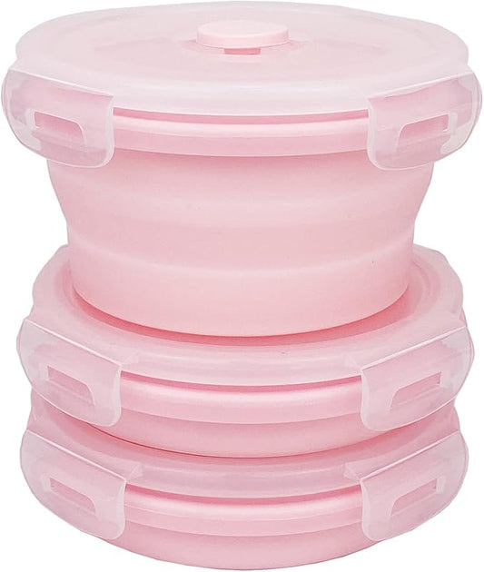 CCyanzi 3piece Round Collapsible Bowl with Lids, Silicone Food Storage Containers, Microwave & Freezer Safe, Space Saving for Kitchen Cabinet and Camping Backpack,(Pink)