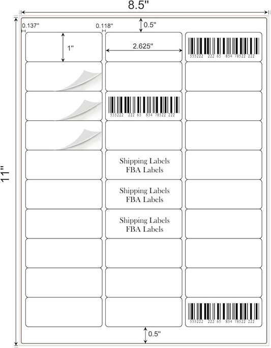 1" x 2-5/8" Address Labels 1500 labels sticker paper for Laser/Ink Jet Printer mailing labels 8.5"×11" white 30 per sheet