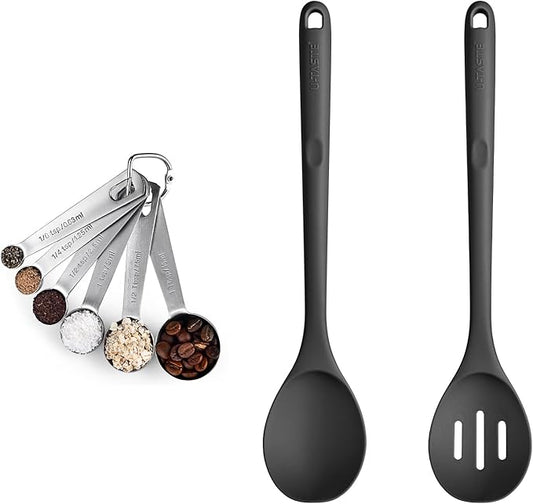 18/8 Stainless Steel Measuring Spoons Set for Dry and Liquid Ingredients (Set of 6), and 600℉ Heat Proof Long Non-Scratch Silicone Solid & Slotted Set of 2 Cooking Spoon for Mixing (Black)