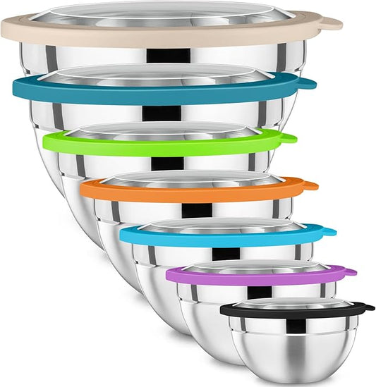 P&P CHEF Mixing Bowl with Lid Set, Stainless Steel Nesting Salad Bowls for Cooking Serving Prepping, Clear Lids & Stackable Design, Size 4.6, 3.5, 3, 2, 1.5, 1, 0.7 Qt - Multicolor, Set of 7