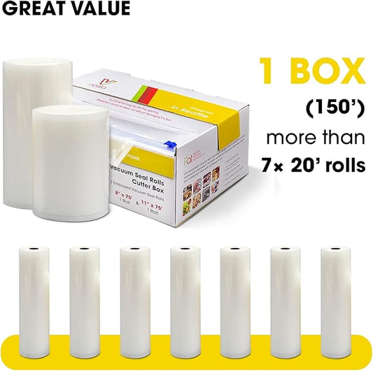 Vacuum Sealer Roll (8” x 75’ and 11” x 75’) Keeper with Cutter - Premium Seal Bags for Food Saver, Ideal for Meal Prep, Sous Vide, and Storage, Vesta Precision
