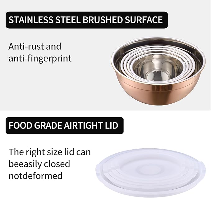 Rose Gold Mixing Bowls with Lids Set of 5, Stainless Steel Nesting Bowl with Khaki Lid for Non-slip Mixing Prepping Storing Serving, 5 Sizes-5.5/3.6/2.7/2.1/1.5 QT