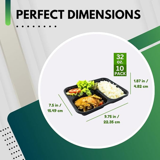Green Direct 3 Compartment Meal Prep Containers With Lids, Disposable Plastic Lunch Food Storage Containers, To Go Take Out Freezer & Microwave Safe For Leftover, Bento Box Pack of 10