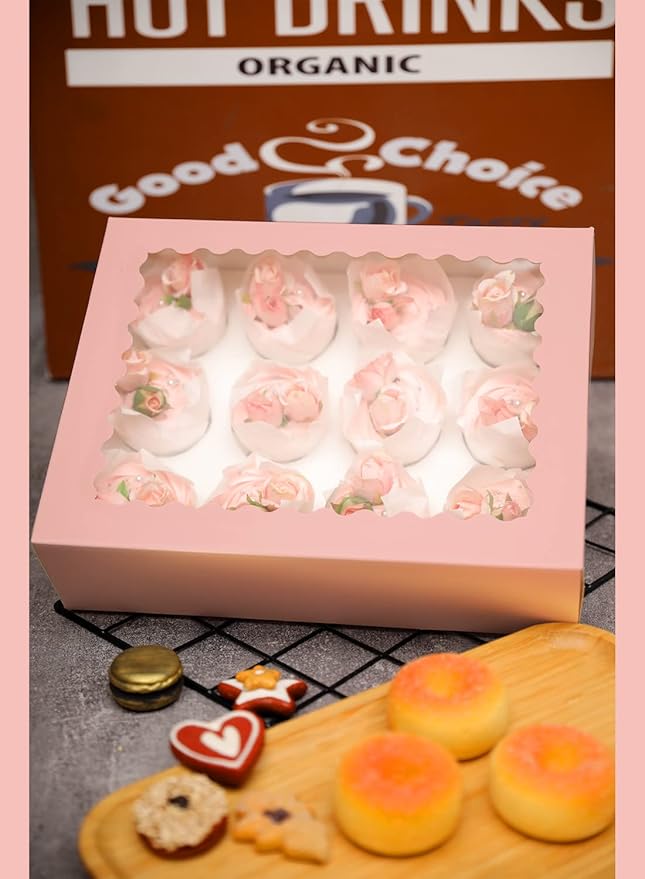 qiqee Pink 12 Cupcake Boxes with Window 21-Packs Cupcake Box 13"x10"x3.5" Cupcakes Carrier, 12 Cupcake Containers