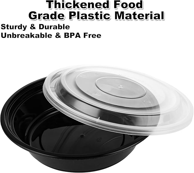 50 Pack 24 oz / 700 ml Meal Prep Containers with Lids, Plastic Thick Food Storage Containers, Round Meal Prep Bowl, BPA-Free, Freezer & Dishwasher Safe-Black