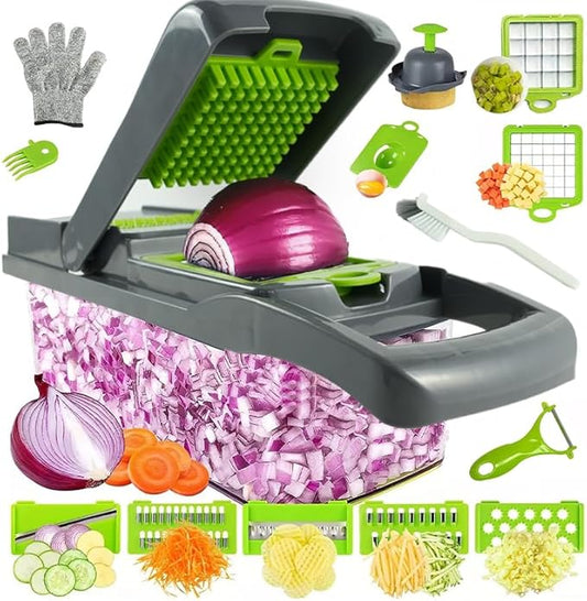 Vegetable Chopper, Pro Onion Chopper, Multifunctional 16 in 1 Food Chopper, Kitchen Vegetable Slicer Dicer Cutter, Veggie Chopper With interchangeable Blades, Food Chopper With Conteiner (Grey/Geen)
