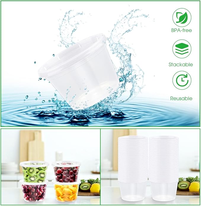[50 Pack, 16oz] Food Storage Containers with Lids - BPA-Free | Airtight | Stackable Plastic Deli Containers (Includes 10 Spoons & 10 Forks), Dishwasher, Microwave & Freezer Safe