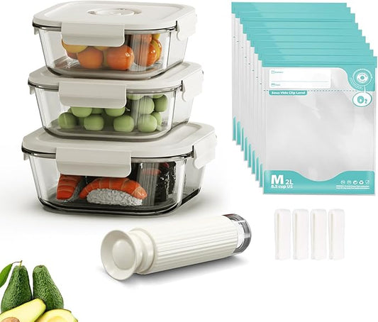17 PCS Glass Food Vacuum Storage Containers, Up to 5 times longer, Premium Airtight, 100% Leak Proof, Vacuum Sealer Machine, 3 Containers, 10 Reusable Food Saver Sealer Bags,4 Sealing Clips