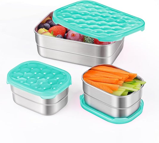 Stainless Steel Lunch Containers for Kids | Leak Proof Food Grade Snack Containers with Silicone Lids - Perfect Metal Food Containers with Lids for Kids School and Toddler Daycare (25oz+8oz*2)