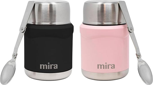 MIRA 2-Pack Food Thermos Set (15 oz) for hot and cold foods - Insulated Stainless Steel Containers with Spoons - Black & Rose Pink