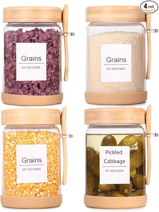 SAIOOL 4 Pack Glass Storage Containers with Bamboo Lids and Spoon,Overnight Oats Containers with Lids,with Anti Slip Silicone Base,Seasoning Organizer,Spice Jars (Bamboo 29.6OZ*4)