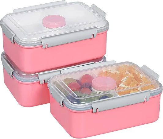 3 Pack Salad Lunch Box Food Storage Containers, 47oz Bento Box To Go Container with Lids, Meal Prep Containers with Removable Tray & Dressing Pots for Kids and Adults, Reusable and Microwave Safe
