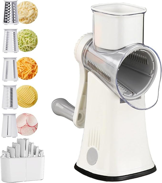 Rotary Cheese Grater 5 in 1 Cheese Grater with Handle Vegetable Slicer with 5 Interchangeable Blades, Storage Box, Green Cheese Shredder with Strong Suction Base for Kitchen (White)