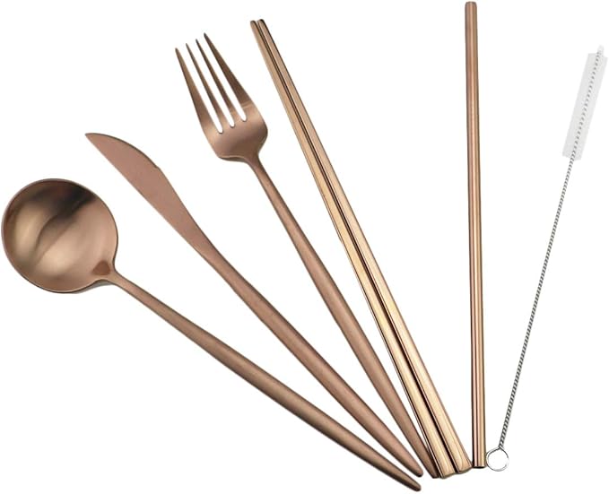 Reusable Travel Utensils, 7 Piece Portable 304 Stainless Steel including Knife Fork Spoon Chopsticks Cleaning Brush Straws Portable Pouch, Eco-friendly Camping Silverware Set, Dishwasher Safe