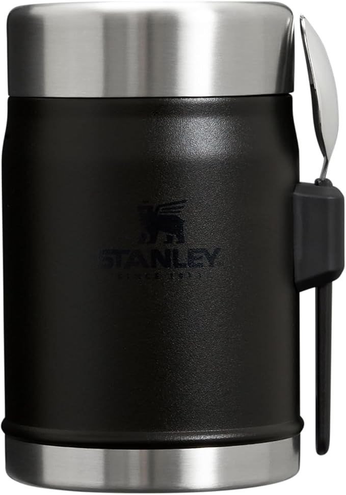 Stanley Classic Food Jar and Spork 14 oz | Vacuum Insulated Thermos Food Container | Wide Mouth Screw On Lid | Packable for Travel | Stainless Steel with Leakproof Lid | BPA-Free | Black 2.0