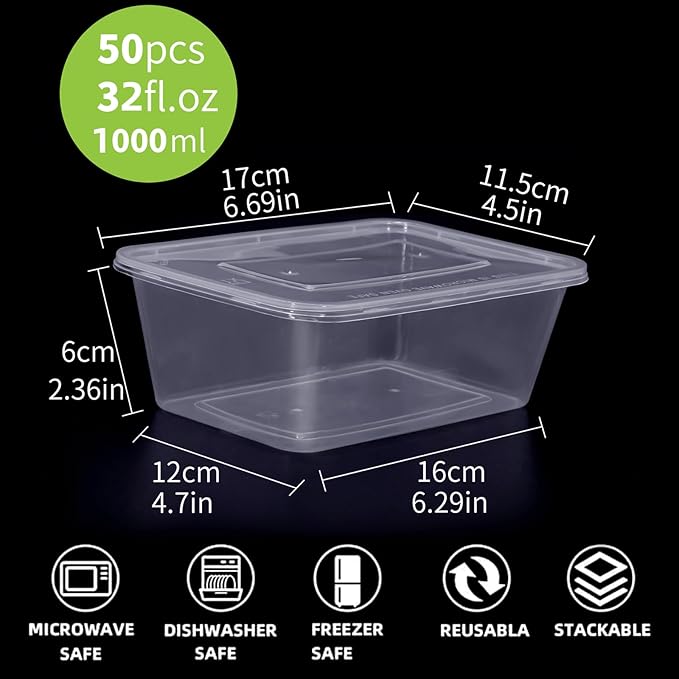 50pk 16oz 500ml Clear Disposable Food Container Box w/Lids To Go for Deli School Working, BPA Free Plastic Nut Food Meat Keeping, Dispensing Meal Prep Container Microwave Safe for Keto Lunch Snack