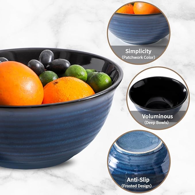 Large Serving Bowls, 84 Ounce Ceramic Salad Bowls Set of 2 for Kitchen Space Saving Storage, Porcelain Nesting Bowls for Cooking,Popcorn,Soup,Pasta,Fruit, Microwave & Dishwasher Safe, Blue