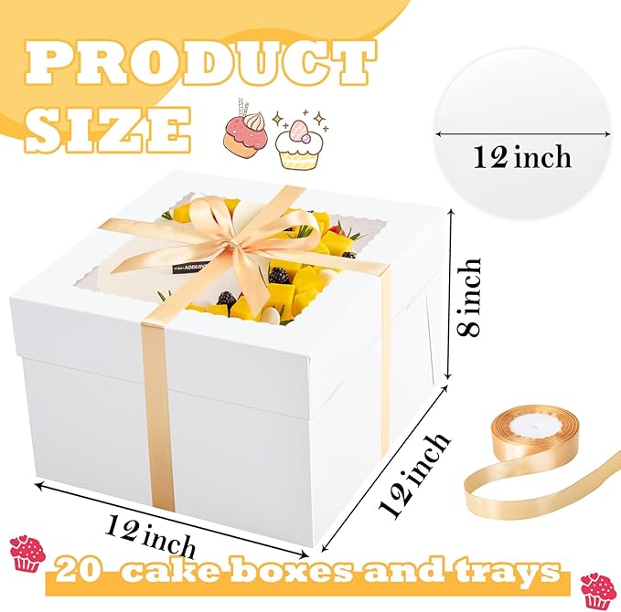 KPOSIYA 40pcs 12x12x8 inches Cake Boxes with Cake Boards（20 Boxes & 20 Boards）, White 12 inch Cake Boxes with Window,Cajas Pasteles Square Cardboard Cake Containers for Christmas Thanksgiving