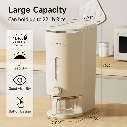 Rice Dispenser, Rice Storage Container with Measuring Cup for Kitchen Pantry Household, Cereal Dry Food Storage Containers Airtight, Sealed Moisture Proof, 22 Lbs