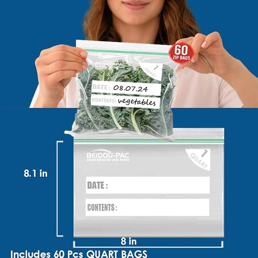Quart Food Storage Zip Bags, 300 Count | Double Zipper, Freshness Easy Open Reclosable Clear Plastic Bags
