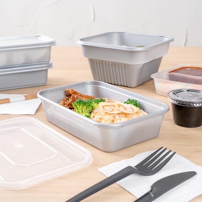 Restaurantware Futura 17 Ounce Meal Prep Containers With Lids 100 Microwavable To Go Containers - Disposable For Packaging Lunches or Take Out Orders Silver Plastic Food Containers With Lids