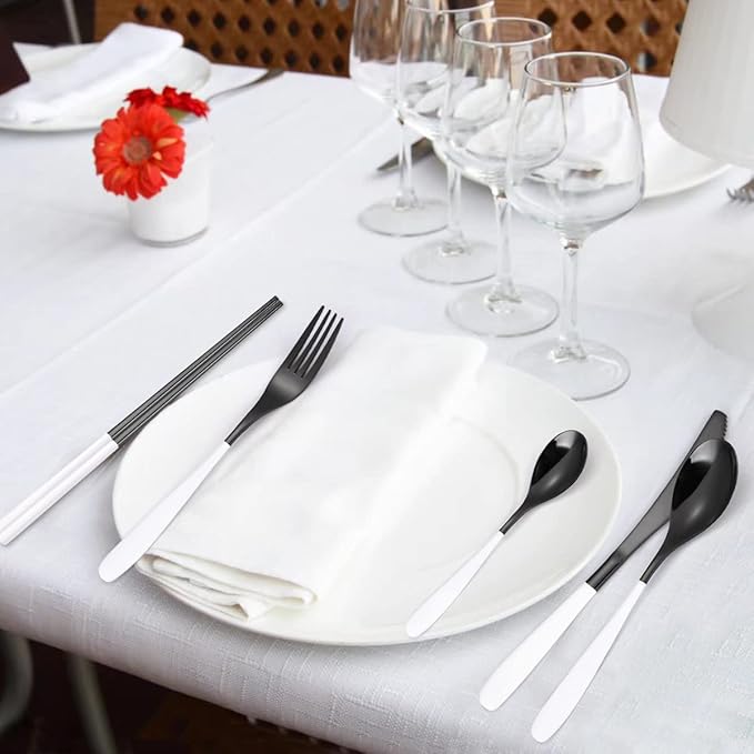 AARAINBOW 7 Pieces 18/8 Stainless Steel Flatware Set Portable Reusable Cutlery Set Travel Utensils Set Including Chopsticks Knife Fork Spoon Straws Cleaning Brush Dishwasher Safe (Y-Black white)