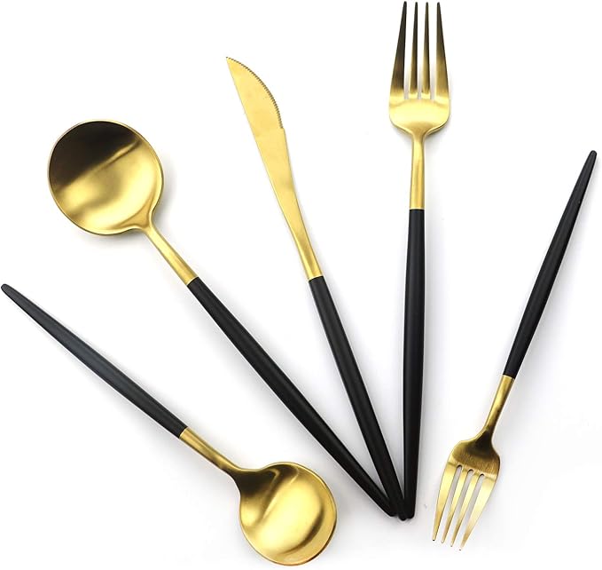 20-Piece Matte Gold & Black Handle 18/10 Stainless Steel Flatware Set, Titanium Cutlery for Home & Restaurant, Dishwasher Safe