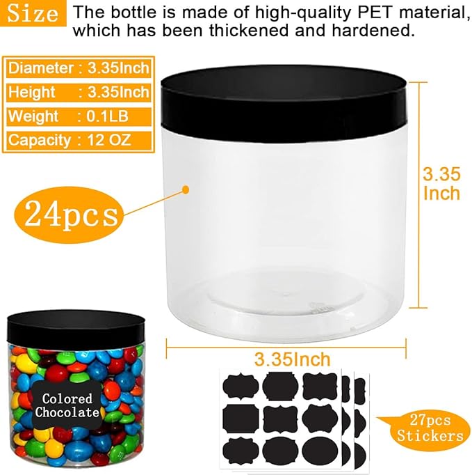 24 Pack Plastic Jars With Lids 12 OZ PET Plastic Jars Round Plastic Slime Storage Jars Wide Opening Clear Empty Plastic Jars with Screw On Lids For Dry Food Kitchen Craft Storage