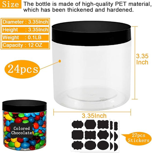 24 Pack Plastic Jars With Lids 12 OZ PET Plastic Jars Round Plastic Slime Storage Jars Wide Opening Clear Empty Plastic Jars with Screw On Lids For Dry Food Kitchen Craft Storage