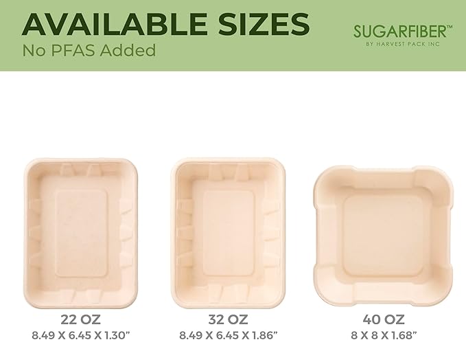[100 COUNT]Harvest Pack 22 oz PFAS FREE Disposable Food Trays with Dome Lids, Compostable Disposable Food Container Bagasse Serving Trays, Rectangle, Made from Sugarcane Eco-Friendly Plant Fibers