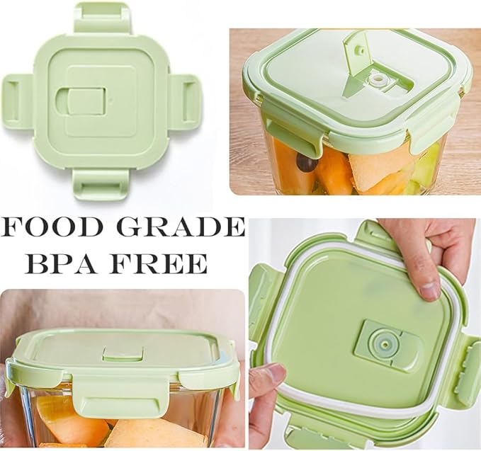 Square Glass Food storage Containers with Airtight Lids, 2 cup Food Meal Prep Containers, Glass Bowl For Lunch Sandwich Fruit Snack, Dishwasher Microwave Freezer Safe- (Pink+Green)