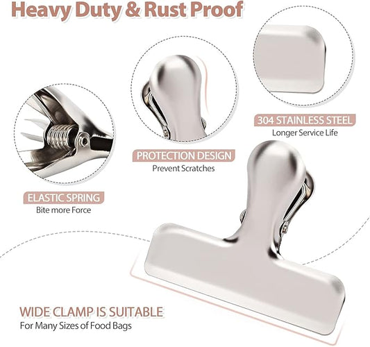 Pack of 8 Heavy Duty Metal Bag Clips, Stainless Steel - Tightly Seals Chip, Coffee, Bread or Cereal Bags to Keep Food Fresh, for Home, Kitchen, Office, Pantry, Camping (Matte Silver)