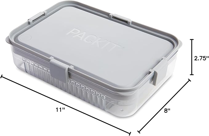 PackIt Mod Large Bento Food Storage Container, Steel Gray, Shatterproof Crystal Clear Base, with Leak-resistant Dividers, Lid, Microwavable, Dishwasher Safe, Designed for Storing Large Meal, Leftovers