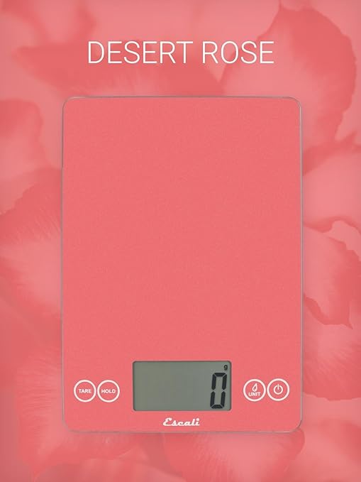Escali Arti Glass Food Scale Digital Countertop Kitchen, Baking and Cooking Scale with Nutrition and Calorie Counter, 15-Pound Capacity, 9" x 6.5" x .75", Desert Rose