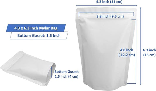 100 Pack Matte White Mylar Stand Up Bags - 4.3x6.3 Inches Resealable Smell Proof Zipper Packaging Pouch, Heat Sealable Foil Sample Pouches for Food Storage