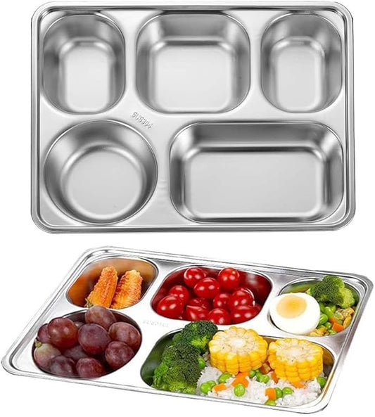 Large 13 inches Stainless Steel Rectangular Divided Plates,5 Sections Dinner Plates for Adults,Campers and Portion Control Lunch Container,2 Pack Unbreakable Rectangular Plates for Every Day Use