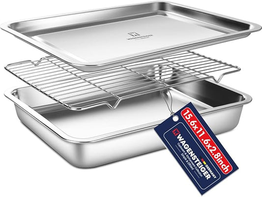 Stainless Steel Food Prep Container with Rack & Lid (Tray), 5.6Quarts, Catering Pans, Restaurant Pans, Buffet Party Pan, Roasting Pan with Rack, Bakeware Roaster, Casserole (1308 / No8)