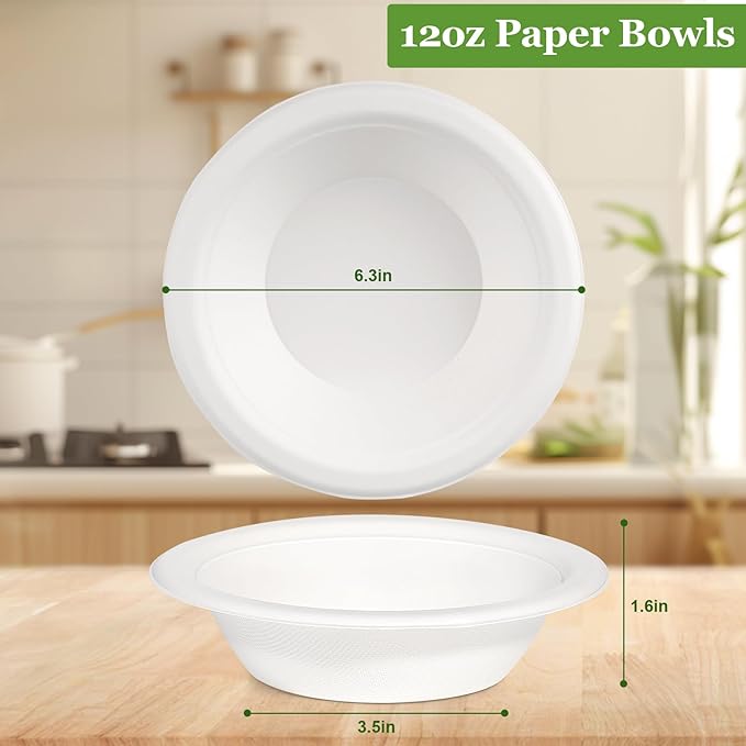 12 oz Disposable Paper Bowls, 150 Pack Bowls Disposable Heavy Duty, Compostable Paper Bowl With White Bagasse, Biodegradable Soup Bowls for Salad, Ice Cream, Dessert