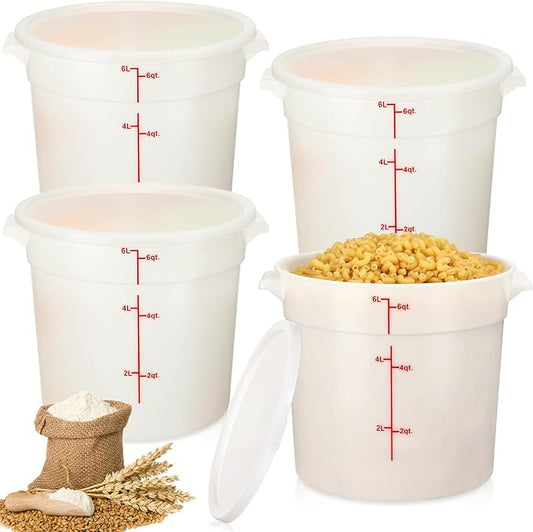Hushee 4 Pcs Commercial Food Storage Containers Round PP Food Storage Containers with Lids for Pantry Translucent Plastic Tubs with Lids for Storage Food Safe Bucket with Scales and Handles (6 Quart)