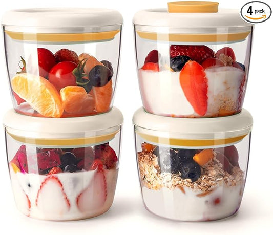 Glass Meal Prep Containers Overnight Oats Containers with Pop Lids,Airtight Food Storage Containers Reusable, Glass Bowl Wide Mouth Jars for Cereal Fruit Milk Salad Yogurt 4-Piece set 14oz 400ml