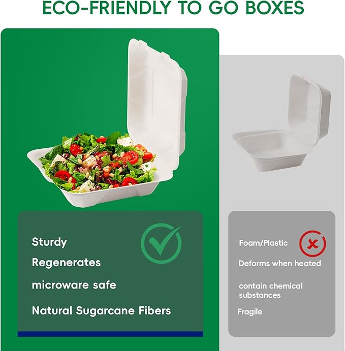 JOLLY CHEF Clamshell To Go Containers, 8 * 8" 50-Pack, Sugarcane To Go Boxes for Salad, Lunch