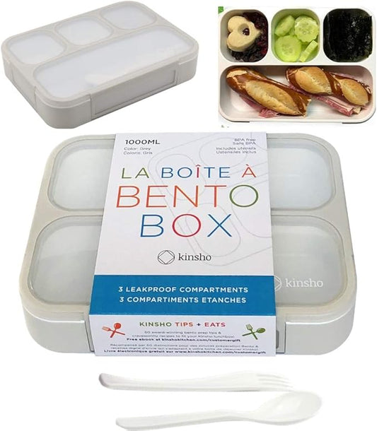 kinsho Bento Lunch Box Container for Kids Adults, Leakproof Portion Control Meal Prep Containers, Japanese Style Boxes with 4 Compartments for Boys Girls Teens | Grey