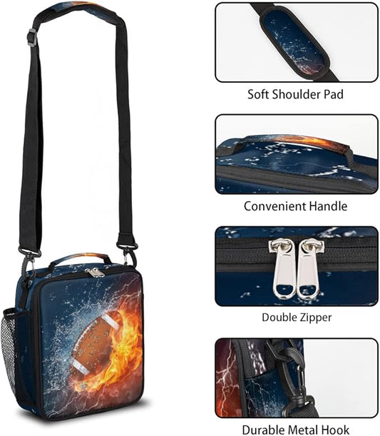 American Football Kids Lunch Box Flame Football Insulated Lunch Bag for Boys Girls Reusable Food Container Tote Cooler Warm Pouch for School work Office Beach