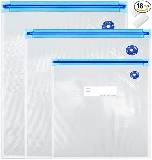 Sous Vide Bags 3 Size 18pcs BPA Free Reusable Vacuum Zipper Sealer Bags for Food Storage,Meal Prep，Sous Vide Cooking,with 2 Sealing Clips for Anova and Joule Cookers