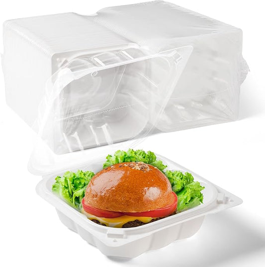 YANGRUI To Go Containers, Reusable Anti-Fog Shrink Wrap 55 Pack 6 Inch 15 OZ White Plastic Burger Boxes BPA Free Microwave Freezer Safe Hinged Clamshell Take Out Container