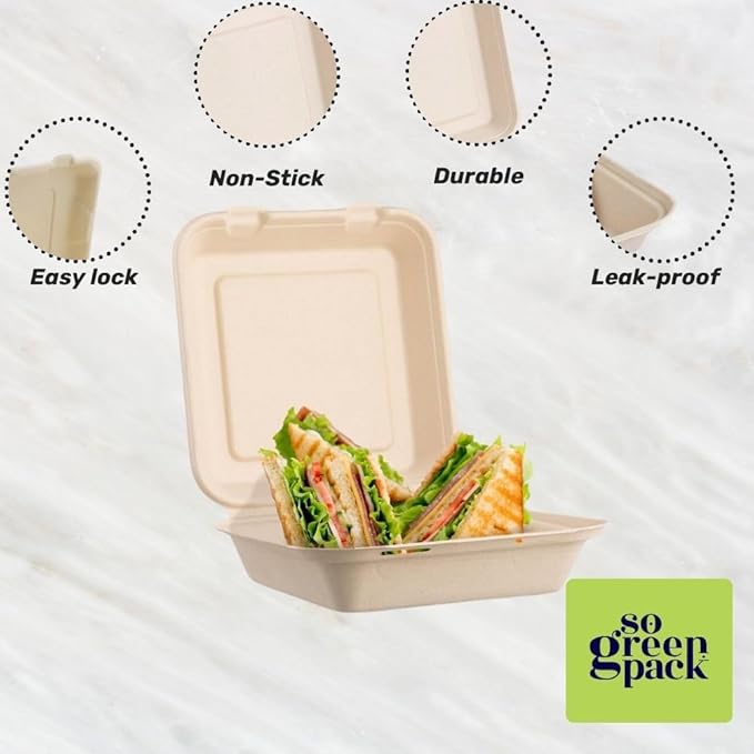 100 Packs Disposable 9x9 Clamshell Take-Out Container Compostable Biodegradable Bagasse & Eco-friendly To Go Container for Food