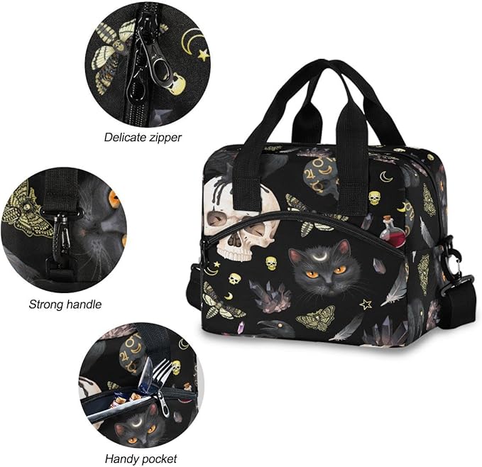 MNSRUU Insulated Lunch Bag with Goth Skull Moth Design - Reusable Leakproof Lunch Cooler Tote for Work, School