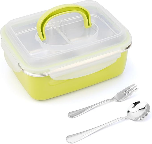 1600ml Stainless Steel Bento Box Lunch Container with 2 Compartments and Removable Plastic Shell, Portable Metal Food Container with Fork and Spoon Set, Leakproof Meal Prep Container for Adults