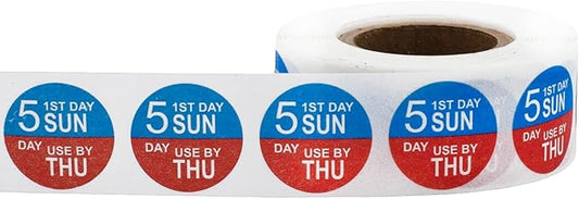 Dissolvable Sunday Through Thursday 5 Day Food Rotation Labels Use by 3/4 Inch 500 Adhesive Stickers
